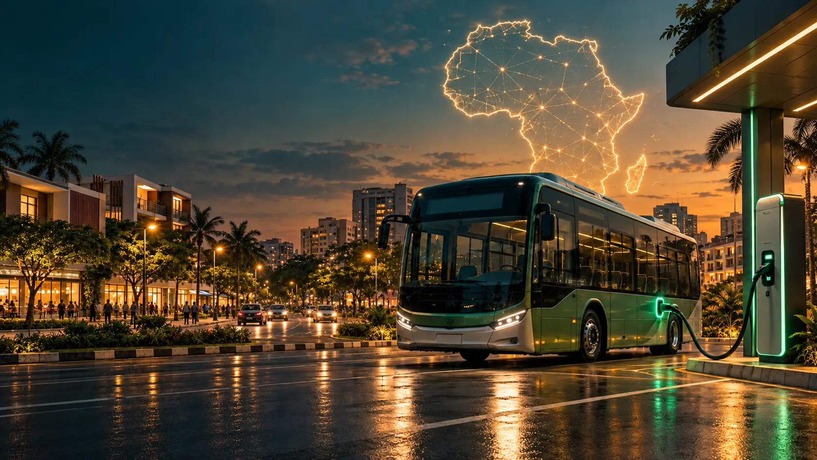 Electric bus charging beside contemporary African homes with Africa represented as a connected energy network